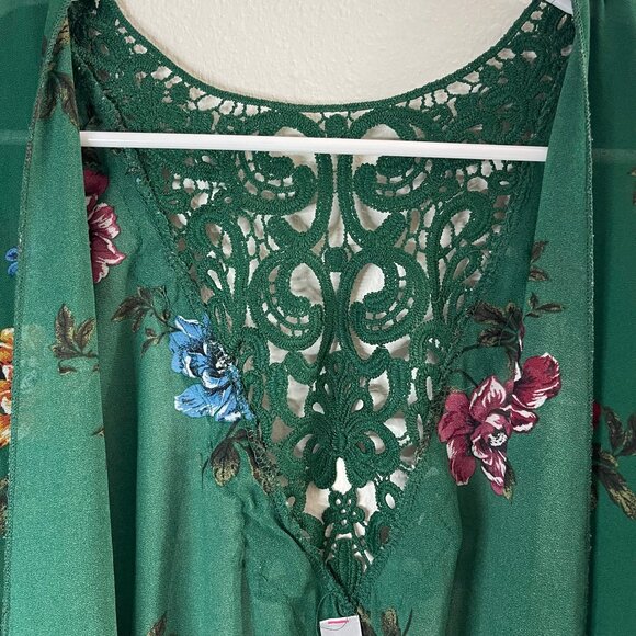 Floral Green Sheer Kimono Cardigan With Lace Back & Tie Waist - Picture 9 of 13